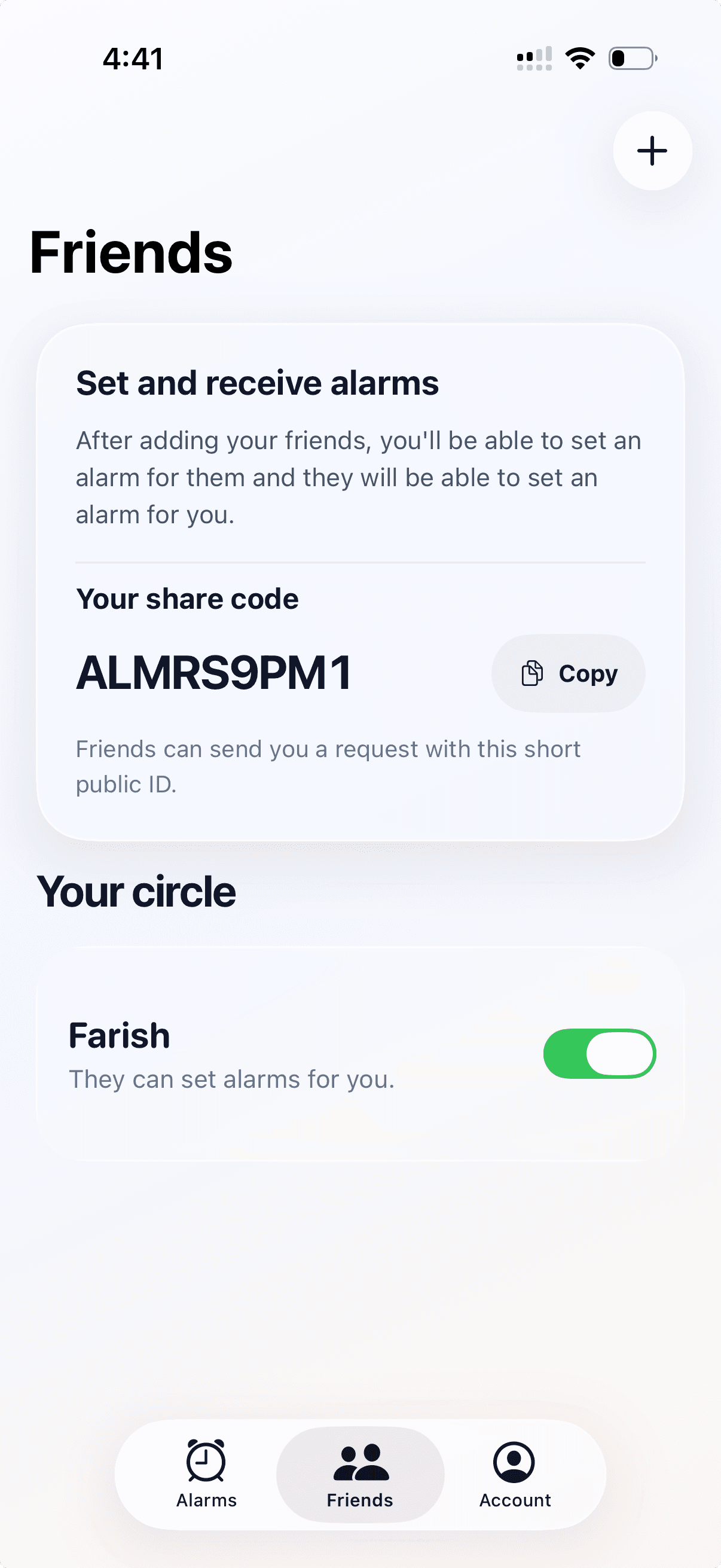 Alarmee friends screen showing share code and paired circle