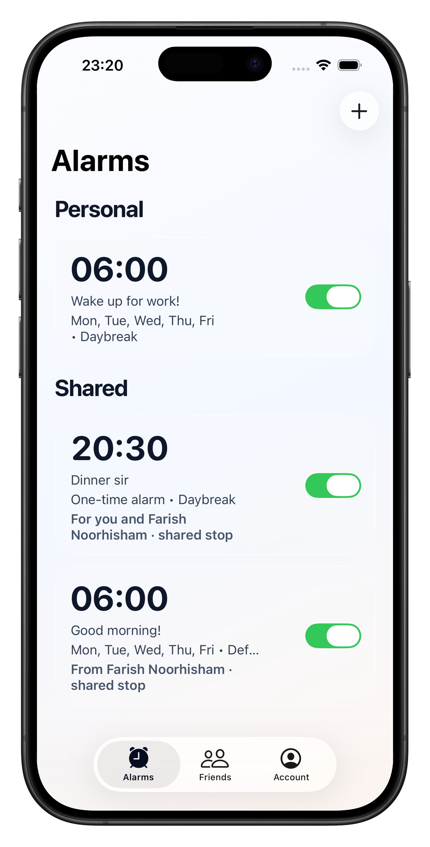 Alarmee alarms screen with personal and friend alarms